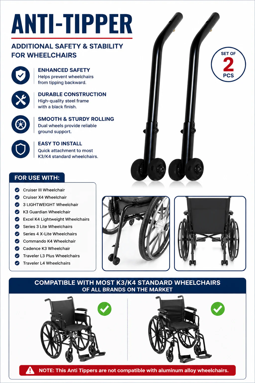 Drive Medical Cruiser II Anti Tippers with Wheels - Image 2