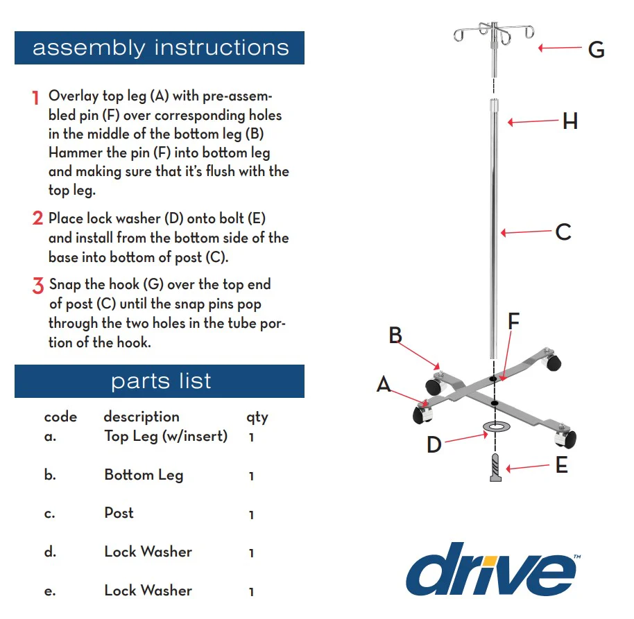 Drive Medical Economy IV Pole with Removable 2-Hook Top, Silver DMC13033SV - Image 4