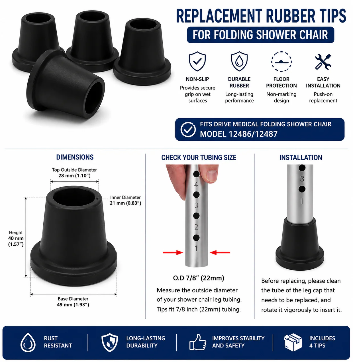 Drive Medical DMC12486T Rubber Tips for Folding Shower Chair – 4 Pack - Image 2