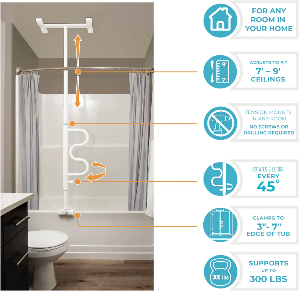Stander Wonder Bathtub Pole Plus & Curve Grab Bar White - Image 3