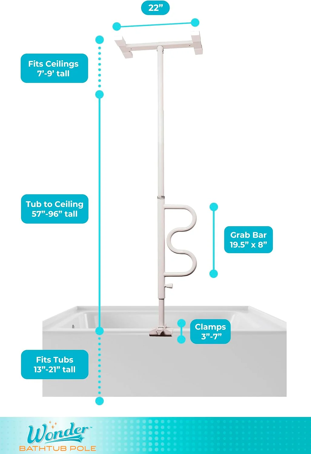 Stander Wonder Bathtub Pole Plus & Curve Grab Bar White - Image 4